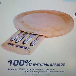 WoneNice oval bamboo oval cheese board set 4 pc cutlery hidden drawer New